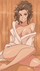 Rule 34 | 1girl, bare shoulders, bigdead, breasts, breasts out, brown eyes, brown hair, character request, goldeneye 007, grin, highres, large breasts, long hair, looking at viewer, naked robe, naughty face, nipple slip, nipples, no bra, off shoulder, on floor, one breast out, robe, seductive smile, sitting, smile, solo