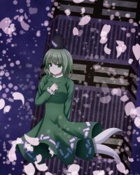 Rule 34 | 1girl, breasts, closed mouth, commentary request, cross-laced clothes, dress, full body, ghost tail, green dress, green eyes, green hair, highres, large breasts, long sleeves, looking at viewer, medium breasts, nanamiko74, ofuda, ofuda on clothes, outdoors, petals, short hair, soga no tojiko, solo, touhou
