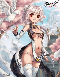 Rule 34 | 10s, 1girl, artist name, bare shoulders, bikini, bikini top only, bird, blade &amp; soul, breasts, bun cover, cameltoe, dated, detached sleeves, double bun, ecell, feathers, front-tie top, groin, hair bun, long hair, navel, panties, parted lips, ponytail, red eyes, shiny skin, silver hair, smile, solo, swimsuit, thighhighs, underwear, white panties, white thighhighs