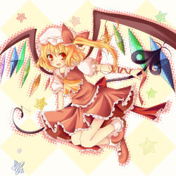 Rule 34 | 1girl, bad id, bad pixiv id, blonde hair, female focus, flandre scarlet, hat, laevatein, lunica, ponytail, red eyes, rukashima, short hair, side ponytail, solo, touhou, wings
