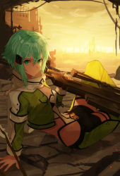 Rule 34 | 1girl, anti-materiel rifle, arm support, black shorts, bolt action, breasts, cleavage, closed mouth, clothing cutout, cropped jacket, green eyes, green hair, green jacket, green pants, gun, hair between eyes, hair ornament, hairclip, holding, holding gun, holding weapon, jacket, looking at viewer, medium breasts, multicolored clothes, multicolored jacket, nasubin (nasubisamurai15), pants, pgm hecate ii, rifle, scarf, short hair, short shorts, shorts, sinon, sitting, sniper rifle, solo, sword art online, two-tone jacket, wasteland, weapon, white jacket, white scarf