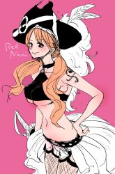 Rule 34 | 1girl, breasts, curvy, hat, large breasts, long hair, low twintails, midriff, nami (one piece), official alternate costume, oka watori, one piece, one piece film: red, orange hair, pirate, pirate hat, skirt, smile, solo, sword, tattoo, thighhighs, twintails, weapon