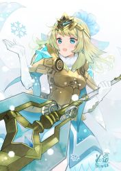Rule 34 | 1girl, armor, armored dress, axe, battle axe, blonde hair, blue dress, blue eyes, blue flower, blue hair, blush, breastplate, commentary request, dated, dress, earrings, elbow gloves, fire emblem, fire emblem heroes, fjorm (fire emblem), flower, fur-trimmed collar, fur trim, gloves, gradient hair, hair flower, hair ornament, holding, holding axe, holding weapon, jewelry, kero sweet, lips, long hair, looking away, looking to the side, multicolored hair, nintendo, open mouth, parted lips, pink lips, shoulder armor, sidelocks, signature, smile, snow, snowflakes, snowing, streaked hair, tiara, two-tone hair, weapon, white gloves