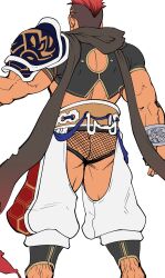 Rule 34 | 1boy, armor, ass, back cutout, baggy pants, bara, butt crack, character request, clothing cutout, crave saga, crotchless, crotchless pants, dark-skinned male, dark skin, feet out of frame, fishnet underwear, fishnets, from behind, highres, leg hair, male focus, mohawk, muscular, muscular male, pants, pauldrons, red hair, short hair, shoulder armor, single pauldron, solo, standing, terujirou (masateruteru), thighs, underwear, white pants