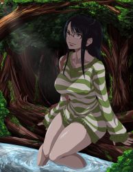 Rule 34 | 1girl, bad id, bad pixiv id, black hair, blue eyes, breasts, collarbone, covered erect nipples, dress, female focus, forest, glasses, highres, huge breasts, large breasts, long sleeves, looking to the side, looking up, madhatter hello, nature, nico robin, one piece, one piece: strong world, outdoors, ponytail, rimless eyewear, shirt, sitting, soaking feet, solo, striped clothes, striped dress, striped shirt, striped sweater, sweater, sweater dress, thick thighs, thighs, tree, wading, water