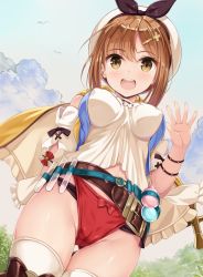 Rule 34 | 1girl, :d, atelier (series), atelier ryza, atelier ryza 1, belt, beret, breasts, brown eyes, brown hair, cameltoe, covered erect nipples, cowboy shot, crotch seam, flask, from below, groin, hair ornament, hairclip, hand up, hat, highres, large breasts, looking at viewer, medium breasts, midriff, no pants, open mouth, panties, red panties, reisalin stout, shirt, short hair, smile, solo, tecmo, test tube, thighhighs, thighs, underwear, white shirt, yokaze japan