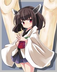 Rule 34 | 1girl, blue skirt, blush, brown hair, chikuwa, closed mouth, commentary request, food, highres, japanese clothes, kimono, long sleeves, looking at viewer, nose blush, obi, own hands together, pleated skirt, red eyes, ryogo, sash, short hair, short kimono, skirt, solo, touhoku kiritan, voiceroid, white kimono, wide sleeves