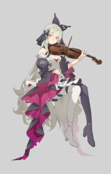 Rule 34 | 1girl, absurdres, asymmetrical legwear, bare shoulders, bow, bow (music), breasts, butterfly hair ornament, chinese commentary, detached sleeves, flower, grey background, grey hair, hair bow, hair flower, hair ornament, highres, holding, holding instrument, holding violin, instrument, lai dou laile 555, light smile, long hair, looking at viewer, medium breasts, mismatched legwear, music, nijisanji, nijisanji en, playing instrument, red eyes, reimu endou, reimu endou (2nd costume), simple background, solo, very long hair, violin, virtual youtuber