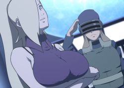 Rule 34 | arms under breasts, bare shoulders, boruto: naruto next generations, breasts, crossed arms, dress, eeshin (eishin5584), green eyes, hair over one eye, huge breasts, long hair, looking at viewer, naruto (series), ponytail, smile, strap slip, tight clothes, tight dress, yamanaka ino