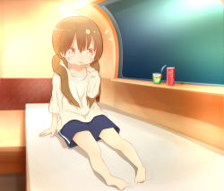 Rule 34 | 1girl, 22m, :t, barefoot, blue shorts, blush, blush stickers, brown eyes, brown hair, can, child, closed mouth, coca cola, collarbone, drink, drink can, eating, female focus, flat chest, food, full body, hair tie, hand up, happy, holding, indoors, japanese text, long hair, long sleeves, looking at viewer, notice lines, original, short shorts, shorts, sitting, smile, soda can, solo, translation request, twintails, undershirt, window