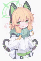 Rule 34 | 1girl, animal ear headphones, animal ears, blonde hair, blue archive, blush, cat tail, fake animal ears, green eyes, green halo, green scarf, halo, headphones, heart, highres, jacket, looking at viewer, midori (blue archive), nalphanne, open mouth, scarf, short hair, simple background, sleeves past fingers, sleeves past wrists, smile, solo, tail, upper body, white background, white jacket