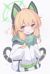 1girl animal_ear_headphones animal_ears blonde_hair blue_archive blush cat_tail fake_animal_ears green_eyes green_halo green_scarf halo headphones heart highres jacket long_sleeves looking_at_viewer midori_(blue_archive) nalphanne open_mouth scarf short_hair simple_background sleeves_past_fingers sleeves_past_wrists smile solo tail upper_body white_background white_jacket