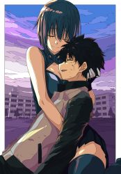 Rule 34 | 1boy, 1girl, absurdres, bare shoulders, black hair, black sleeves, blue dress, blue hair, blue skirt, blue thighhighs, ciel (tsukihime), closed eyes, closed mouth, commentary request, dress, gloves, highres, hug, jacket, long sleeves, outdoors, pocket, powered ciel, short hair, skirt, sky, sleeveless, sleeveless dress, smile, thighhighs, tohno shiki, tsukihime, tsukihime (remake), xtango, zipper
