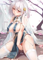 Rule 34 | 1girl, azur lane, braid, breast curtains, breasts, cherry blossoms, china dress, chinese clothes, commentary request, dress, garter straps, hair between eyes, large breasts, miazi, neckwear between breasts, open mouth, pelvic curtain, pussy juice, pussy juice puddle, red eyes, revealing clothes, saliva, saliva trail, see-through, see-through sleeves, short hair, side braid, sirius (azur lane), sirius (azure horizons) (azur lane), solo, spread legs, thighhighs, thighs, two-tone leotard, underboob, white hair, white thighhighs