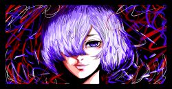 Rule 34 | 1girl, absurdres, black border, border, closed mouth, euqarcia, hair over one eye, highres, kirishima touka, multicolored background, pink hair, portrait, purple eyes, purple hair, smile, solo, tokyo ghoul
