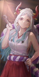 Rule 34 | 1girl, absurdres, arinera, bare shoulders, blue hair, breasts, brown eyes, closed mouth, club, club (weapon), earrings, gradient hair, hakama, hand on own hip, highres, holding, holding weapon, indoors, japanese clothes, jewelry, kanabou, kimono, long hair, looking at viewer, medium breasts, multicolored hair, one piece, red hakama, sideboob, signature, silver hair, sleeveless, sleeveless kimono, solo, standing, very long hair, weapon, white kimono, yamato (one piece)