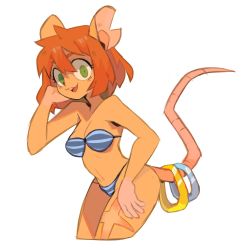 Rule 34 | 1girl, :3, animal ears, bikini, blue bikini, borrowed character, breasts, buck teeth, colored skin, cropped legs, cross scar, furry, furry female, green eyes, hand in own hair, hand up, highres, looking at viewer, medium breasts, medium hair, mouse ears, mouse tail, orange hair, orange skin, original, scar, simple background, smile, solo, striped bikini, striped clothes, sui (suizilla), swimsuit, tail, tail ornament, tail raised, tail ring, teeth, white background