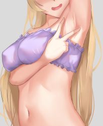 Rule 34 | 1girl, :d, arm under breasts, arm up, armpits, bikini, blonde hair, breasts, fischl (genshin impact), frilled bikini, frills, genshin impact, grey background, head out of frame, highres, long hair, medium breasts, navel, open mouth, purple bikini, simple background, skai kun, smile, solo, spread armpit, stomach, strapless, strapless bikini, swimsuit, upper body, very long hair
