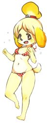 Rule 34 | 1girl, :d, animal crossing, animal ears, bad id, bad tumblr id, barefoot, bell, bikini, blonde hair, blush, breasts, brown eyes, clenched hands, dog, dog ears, dog girl, dog tail, fang, feet, full body, furry, furry female, hair bell, hair ornament, hands up, isabelle (animal crossing), jingle bell, looking at viewer, navel, nintendo, open mouth, paw pose, polka dot, polka dot bikini, polka dot swimsuit, red bikini, ruricho (artist), short hair, simple background, skindentation, small breasts, smile, solo, standing, standing on one leg, string bikini, swimsuit, tail, teeth, topknot, transparent background, white background
