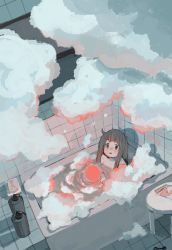 Rule 34 | 1girl, bathtub, blush, brown hair, cloud, glowing, highres, long hair, looking at viewer, onobane (mogyugyu88), open mouth, original, partially submerged, shadow, solo, table, water