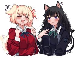 Rule 34 | 2girls, :3, :d, ^ ^, animal ears, auraaa, blonde hair, bob cut, cat ears, cat tail, clenched hands, closed eyes, commentary, cropped torso, dog ears, dog girl, dog tail, dress, english commentary, green necktie, hair ribbon, hand on own chest, hand up, hands up, highres, inoue takina, kemonomimi mode, long sleeves, looking at another, lycoris recoil, lycoris uniform, multiple girls, neck ribbon, necktie, nishikigi chisato, open mouth, purple eyes, red dress, red ribbon, ribbon, shirt, short hair, signature, simple background, smile, tail, tail wagging, upper body, white background, white shirt, wing collar