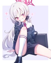 Rule 34 | 1girl, absurdres, black footwear, black shorts, blue archive, collared shirt, commentary request, formal, grey hair, grin, halo, hanen (borry), highres, knee up, kneehighs, long hair, long sleeves, looking at viewer, mutsuki (blue archive), mutsuki (suit) (blue archive), necktie, off shoulder, official alternate costume, pink eyes, pointy ears, purple background, red halo, red necktie, shirt, short shorts, shorts, sitting, smile, socks, solo, sparkle, suit, suitcase, thighs, white shirt, white socks