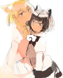 Rule 34 | 10s, 2girls, :o, animal ears, arm at side, backlighting, black gloves, black hair, black ribbon, black skirt, blonde hair, blue shirt, blush, brown eyes, brown hair, common raccoon (kemono friends), cowboy shot, custom (cus-tom), extra ears, eyelashes, fennec (kemono friends), fox ears, from side, fur collar, fur trim, gloves, grey hair, hair between eyes, height difference, japari symbol, jitome, kemono friends, looking at viewer, multicolored clothes, multicolored gloves, multicolored hair, multiple girls, neck ribbon, no nose, open mouth, pantyhose, pink sweater, pleated skirt, puffy short sleeves, puffy sleeves, raccoon ears, raccoon tail, ribbon, shirt, short-sleeved sweater, short hair, short sleeves, simple background, skirt, smile, striped tail, sweater, tail, white background, white gloves, white hair, white skirt, yellow gloves, yellow ribbon