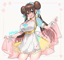 Rule 34 | 1girl, :d, alternate costume, blue eyes, blush, breasts, brown hair, commentary request, cowboy shot, creatures (company), double bun, dress, game freak, hair bun, hairband, large breasts, long hair, multicolored clothes, multicolored dress, nintendo, ooshio7734, open mouth, pokemon, pokemon bw2, rosa (pokemon), simple background, smile, solo, teeth, translated, twintails