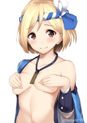 Rule 34 | 10s, 1girl, batsu, blonde hair, blush, breasts, brown eyes, closed mouth, collarbone, covering privates, covering breasts, djeeta (granblue fantasy), drum master (granblue fantasy), granblue fantasy, hachimaki, headband, jewelry, looking at viewer, necklace, nejiri hachimaki, short hair, simple background, small breasts, smile, solo, twitter username, upper body, white background
