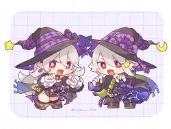 1boy 1girl :d black_dress black_hat black_jacket black_pants brown_footwear chibi chibi_only claw_pose commentary corrin_(female)_(fire_emblem) corrin_(female)_(halloween)_(fire_emblem) corrin_(fire_emblem) corrin_(male)_(fire_emblem) corrin_(male)_(halloween)_(fire_emblem) dress earrings fire_emblem fire_emblem_fates fire_emblem_heroes full_body grey_hair grid_background hair_between_eyes hat hat_ornament highres jacket jewelry long_hair looking_at_viewer nintendo official_alternate_costume open_mouth pants pointy_ears red_eyes short_hair smile sorane_amus star_(symbol) star_hat_ornament twitter_username witch_hat wizard_hat