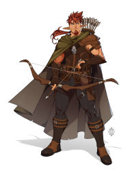 Rule 34 | 1boy, arrow (projectile), bag, belt, black belt, boots, bow (weapon), cape, closed mouth, facial hair, goatee, long hair, male focus, original, pants, pointy ears, ponytail, quiver, satchel, smile, solo, spiked hair, tight clothes, tight pants, weapon, xelgot