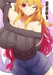 Rule 34 | 1girl, alternate costume, alternate hair color, arm behind head, black sweater, blonde hair, blush, breasts, cleavage, contemporary, cowboy shot, denim, denim shorts, energy, fox tail, gradient hair, highres, huge breasts, junko (touhou), light frown, long hair, long sleeves, looking at viewer, mature female, multicolored hair, multiple tails, off-shoulder, off-shoulder sweater, off shoulder, one eye closed, pink hair, ribbed sweater, satou rin (gobugabuge), shiny skin, shirt, shorts, sidelocks, simple background, solo, sweater, tail, taut clothes, taut shirt, touhou, very long hair, white background