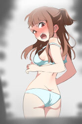 Rule 34 | 1girl, absurdres, anafuchi, ass, blush, bra, breasts, brown hair, embarrassed, highres, kagari atsuko, little witch academia, looking at viewer, medium hair, open mouth, panties, red eyes, short ponytail, small breasts, solo, standing, underwear