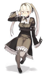 Rule 34 | 1girl, arm up, bad id, bad pixiv id, black dress, black footwear, black ribbon, blonde hair, blush, breasts, brown hair, buttons, dress, expressionless, eyebrows, frilled dress, frills, full body, fuu fuu, glasses, hair ribbon, hairband, highres, leg up, long hair, long sleeves, neckerchief, original, pantyhose, ribbon, rimless eyewear, shadow, shoes, simple background, sleeves past wrists, solo, standing, standing on one leg, twintails, white background, white ribbon