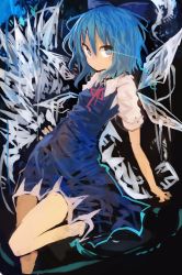 Rule 34 | 1girl, absurdres, blue dress, blue eyes, blue hair, bow, cirno, cowboy shot, dress, glowing, glowing eye, hair bow, hand on own hip, highres, ice, ice wings, kaamin (mariarose753), leg up, looking at viewer, serious, short hair, short sleeves, solo, touhou, wings