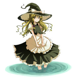 Rule 34 | 1girl, apron, blonde hair, braid, female focus, hat, kirisame marisa, long hair, looking at viewer, side braid, simple background, smile, solo, taha, touhou, wading, waist apron, water, witch, witch hat, yellow eyes
