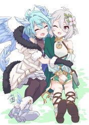Rule 34 | 2girls, absurdres, ahoge, antenna hair, artist logo, black gloves, blue hair, blush, boots, breasts, brown pantyhose, closed eyes, coat, dated, dress, flat chest, flower, fur-trimmed coat, fur-trimmed gloves, fur trim, gladiator sandals, gloves, green dress, grey hair, hair flower, hair ornament, highres, horns, hug, kokkoro (princess connect!), multiple girls, one eye closed, open mouth, pantyhose, pointy ears, princess connect!, sandals, sekiya kuzuyu, sheffy (princess connect!), short hair, sidelocks, single bare shoulder, sitting, skirt, small breasts, smile, white coat, white footwear, white skirt