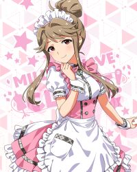 Rule 34 | 1girl, apron, blush, bow, bowtie, breasts, brown eyes, brown hair, butterfly ornament, dot nose, dress, flipped hair, frilled apron, frilled skirt, frills, hair bun, hair over shoulder, hand on own chin, head tilt, idolmaster, idolmaster million live!, idolmaster million live! theater days, looking at viewer, maid headdress, official alternate costume, official art, pink bow, pink bowtie, pink dress, pretty waitress (idolmaster), puffy short sleeves, puffy sleeves, shirt, short sleeves, sidelocks, single hair bun, skirt, small breasts, solo, standing, star (symbol), starry background, tenkuubashi tomoka, thighhighs, upper body, waist apron, waitress, white apron, white shirt, white thighhighs, wrist cuffs