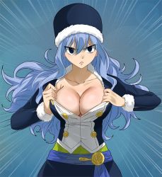 Rule 34 | 1girl, blue background, blue eyes, blue hair, breasts, cleavage, collarbone, colorized, fairy tail, gaston18, hair between eyes, hat, highres, huge breasts, juvia lockser, large breasts, lips, long hair, open clothes, tagme, undressing
