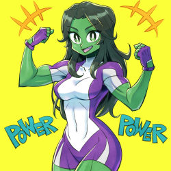 Rule 34 | 1girl, animification, black hair, bodysuit, clenched hands, colored skin, fingerless gloves, gloves, green eyes, green skin, long hair, marvel, multicolored bodysuit, multicolored clothes, muscular, muscular female, open mouth, purple gloves, she-hulk, simple background, skin tight, smile, solo, sunafuki tabito, yellow background