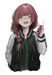Rule 34 | 1girl, absurdres, black jacket, black nails, bocchi the rock!, closed eyes, dress, drink, drinking straw, facing viewer, fingernails, green dress, highres, hiroi kikuri, holding, holding drink, jacket, long hair, long sleeves, multicolored clothes, multicolored jacket, nail polish, open clothes, open jacket, open mouth, pikuson, purple hair, sharp teeth, simple background, sketch, smile, solo, teeth, upper body, white background, white jacket