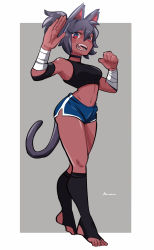 Rule 34 | 1girl, amazu (kurozu), animal ears, aoi (amazu), bandaged arm, bandages, bare shoulders, black choker, black hair, black socks, blue shorts, cat ears, cat girl, cat tail, choker, commentary, english commentary, eyebrows hidden by hair, fang, full body, grey background, hair between eyes, hands up, highres, kneehighs, lower teeth only, no shoes, open mouth, original, ponytail, red eyes, short eyebrows, short shorts, shorts, signature, socks, solo, standing, stirrup legwear, tail, teeth, thick eyebrows, toeless legwear, two-tone background, upper teeth only, white background
