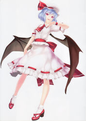 Rule 34 | 1girl, absurdres, bat wings, blue hair, bobby socks, fang, female focus, frills, hat, highres, non-web source, open mouth, puffy sleeves, red eyes, red footwear, remilia scarlet, rokuwata tomoe, scan, shoes, short hair, skirt, smile, socks, solo, standing, touhou, white socks, wings, wrist cuffs