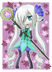 Rule 34 | 1girl, bare shoulders, blue eyes, blue flower, bridal gauntlets, closed mouth, commentary request, dress, etrian odyssey, floral background, flower, full body, green dress, grey hair, hair flower, hair ornament, hair over one eye, holding, holding staff, long hair, looking at viewer, mystic (sekaiju), mystic 2 (sekaiju), naga u, no shoes, outline, pantyhose, pink background, pointy ears, sekaiju no meikyuu, sekaiju no meikyuu 4, sleeveless, sleeveless dress, solo, staff, twintails, very long hair, white outline