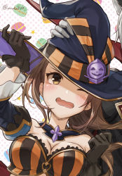 Rule 34 | 10s, 1boy, 1girl, animal ears, bare shoulders, beatrix (granblue fantasy), black gloves, blush, breasts, brown eyes, brown hair, cape, cleavage, dark skin, dark-skinned male, detached sleeves, erune, eustace (granblue fantasy), food, gloves, grabbing, granblue fantasy, halloween, halloween costume, hat, jack-o&#039;-lantern, long hair, looking at viewer, macaron, medium breasts, one eye closed, open mouth, out of frame, polka dot, polka dot background, twitter username, uruha (yw1109), wavy mouth, white gloves, white hair, witch hat