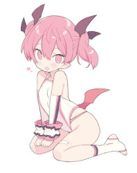 Rule 34 | 1girl, :d, bare shoulders, blade (galaxist), blush, breasts, commentary request, detached sleeves, emelia pris, fang, full body, long sleeves, looking at viewer, low wings, no shoes, one-piece swimsuit, open mouth, pink eyes, pink hair, pointy ears, pop-up story, red wings, simple background, small breasts, smile, socks, solo, stirrup legwear, swimsuit, toeless legwear, twintails, white background, white sleeves, white socks, white one-piece swimsuit, wing hair ornament, wings