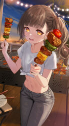 Rule 34 | 1girl, breasts, brown hair, check commentary, commentary, commentary request, corn, denim, earrings, food, grey pants, grill, heart, heart earrings, highres, holding, holding skewer, jeans, jewelry, kebab, looking at viewer, midriff, mole, mole under eye, navel, nima (niru54), ocean, open mouth, original, pants, shirt, short sleeves, shrimp, side ponytail, signature, skewer, small breasts, smile, solo, standing, stomach, string of light bulbs, tied shirt, twilight, white shirt, yellow eyes
