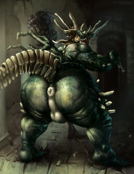 Rule 34 | 1boy, anus, ass, asylum demon, big belly, colored skin, dark souls (series), dark souls i, exposed bone, furry, furry male, giant, giant male, green skin, highres, key, male focus, monster, penis, solo, tail, thick thighs, thighs