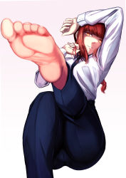 Rule 34 | 1girl, absurdres, ass, barefoot, black necktie, braid, braided ponytail, breasts, brown hair, business suit, chainsaw man, foot focus, foreshortening, formal, highres, leg up, light smile, long hair, looking at viewer, makima (chainsaw man), medium breasts, necktie, replikia, ringed eyes, shirt tucked in, smile, soles, solo, suit