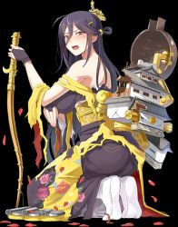 Rule 34 | 1girl, bare shoulders, black hair, bow (weapon), breasts, castle, crown, emerane, fingerless gloves, from side, full body, gloves, hair between eyes, holding, holding bow (weapon), holding weapon, japanese clothes, kimono, large breasts, long hair, mole, mole under eye, official art, oshiro project:re, oshiro project:re, petals, red eyes, seiza, sitting, solo, tamonyama (oshiro project), torn clothes, torn kimono, transparent background, very long hair, weapon, yuujo